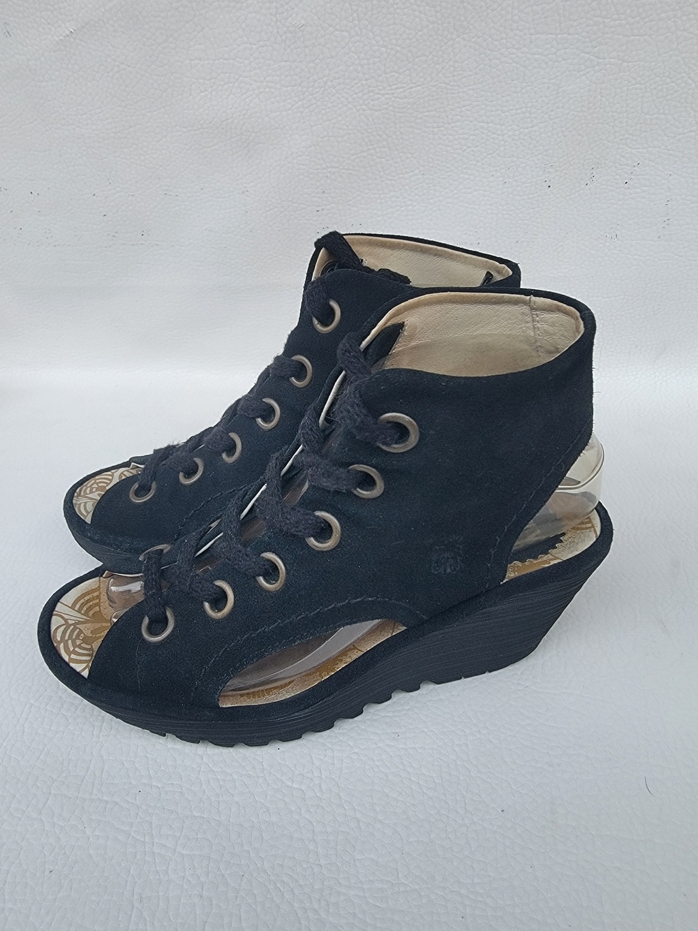 Fly London Yaba Black Suede Lace Up Wedge Sandals EU 37 US 6.5 -7 Leather Heels